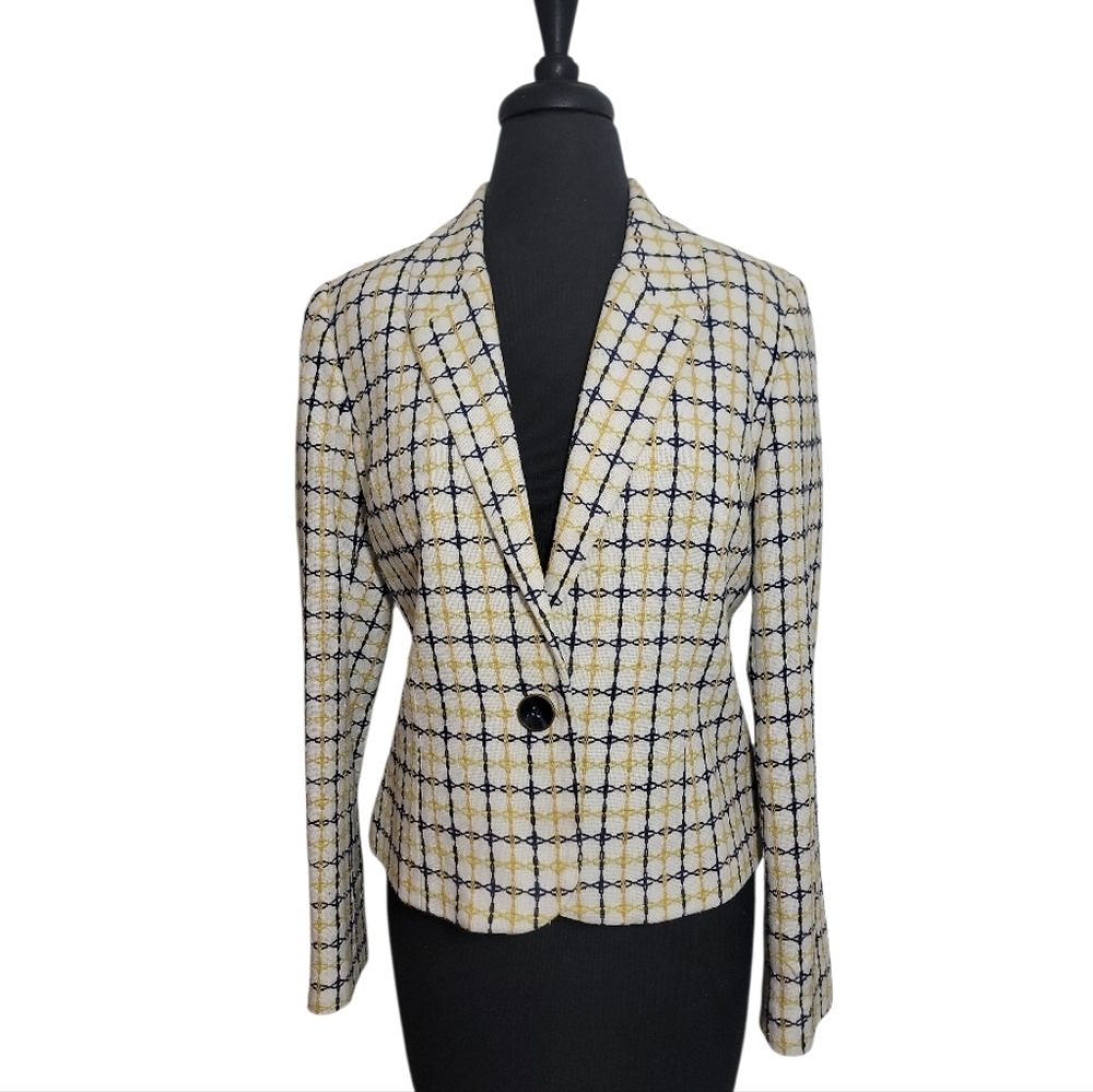 Pendleton single button v neck women's silk cotton blend plaid blazer size 10